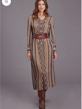Stetson Taupe Chevron Stripe Long Sleeve Midi Dress